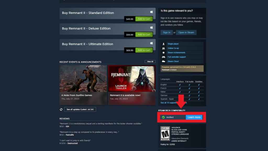 ¿Puedes jugar a Remnant 2 en Steam Deck? verificación