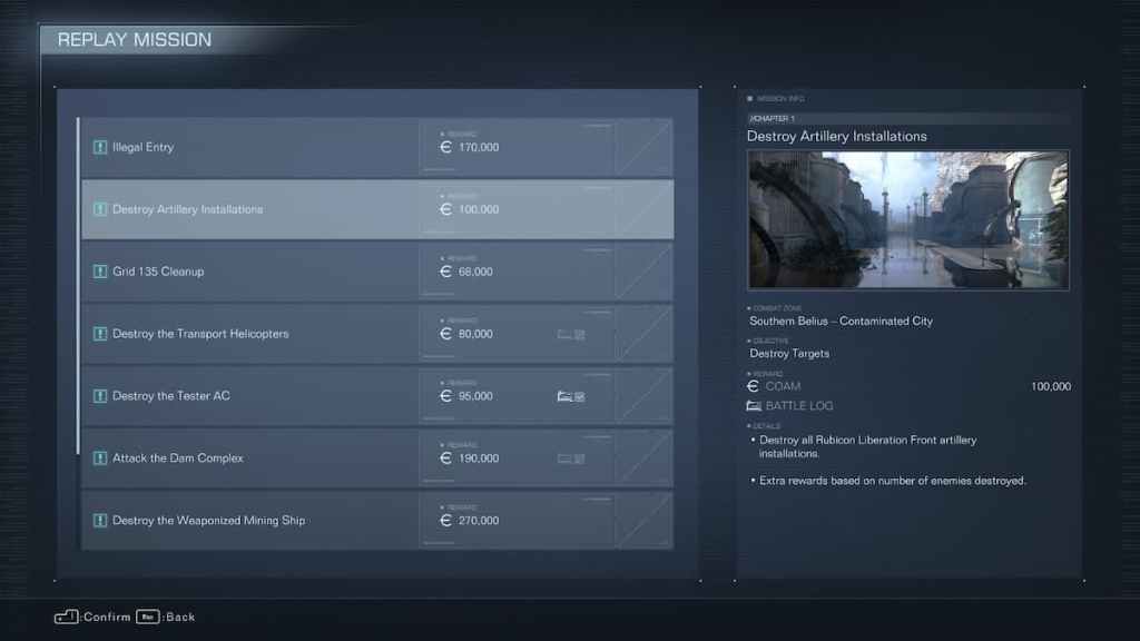 ¿Puedes repetir misiones en Armored Core 6? menú