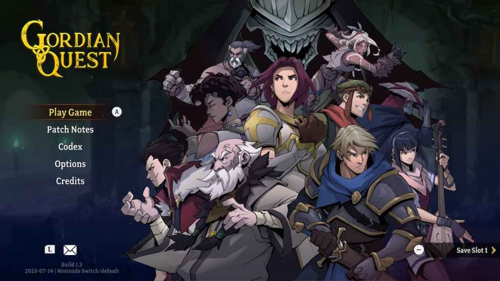 Pantalla del menú principal de Gordian Quest