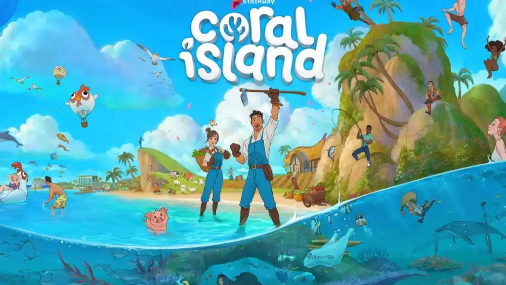Dos personajes del juego animando en la orilla de la playa de Coral Island