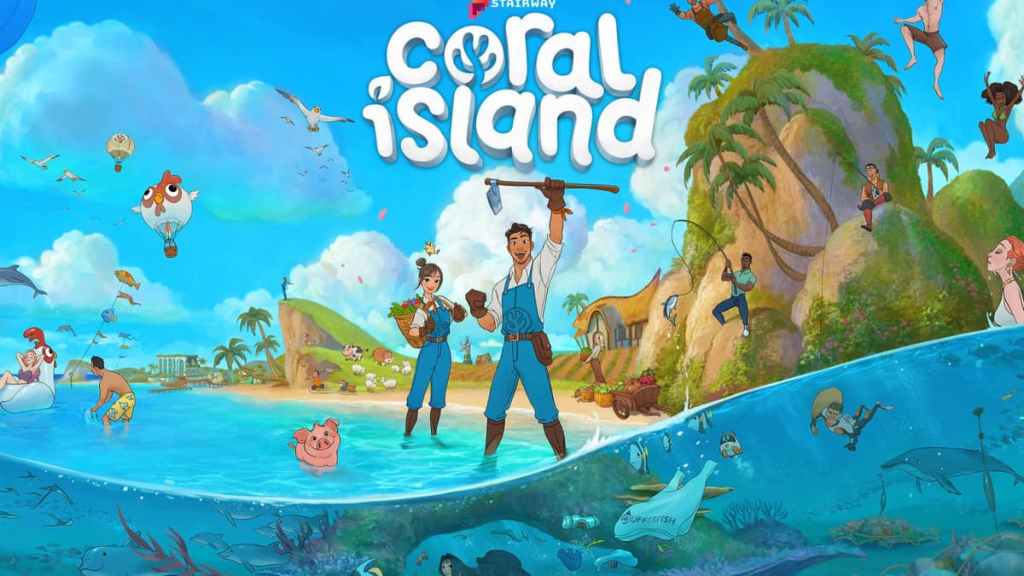 Dos personajes del juego animando en la orilla de la playa de Coral Island